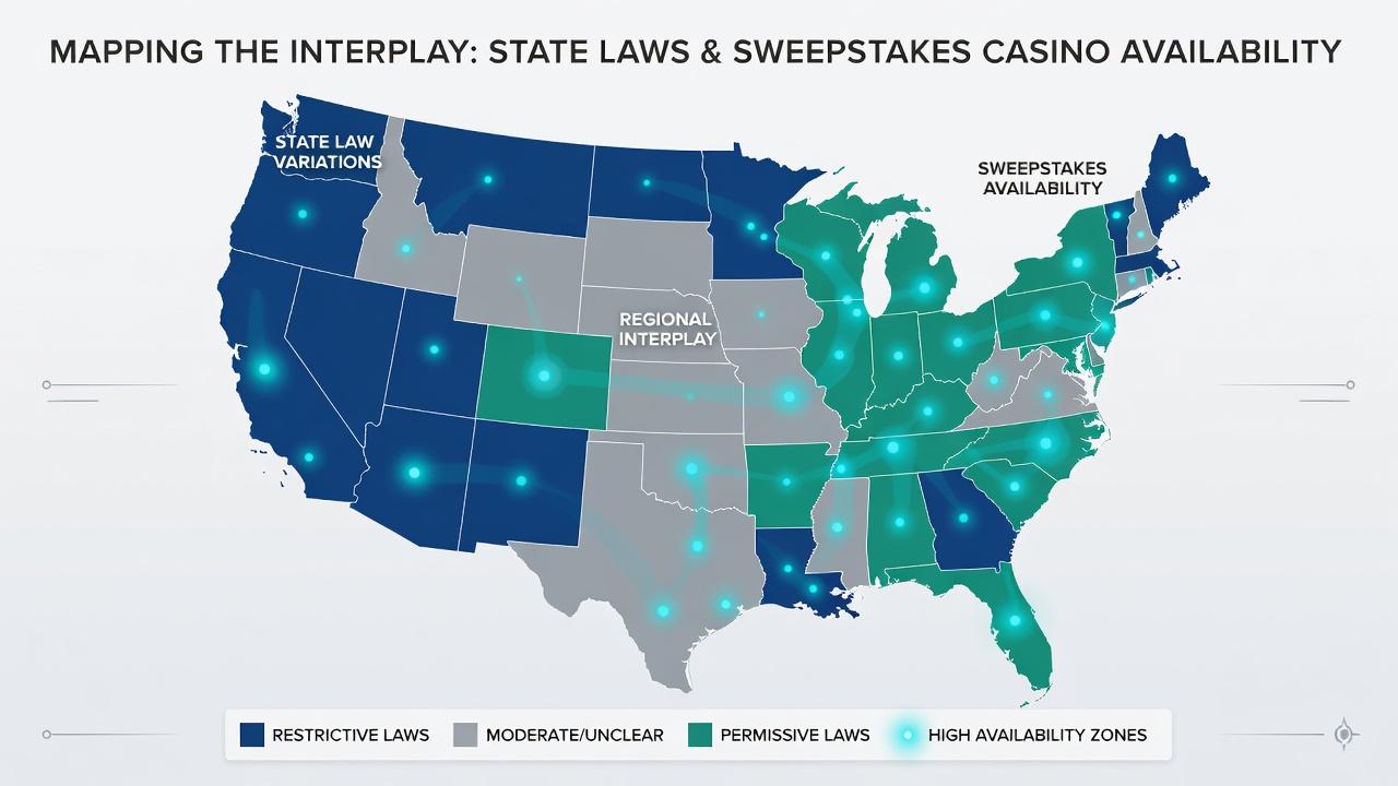 Illustration of state regulatory documents and digital mapping tools used for sweepstakes casino compliance